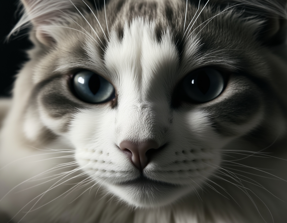 Close-up black and white studio portrait of a cat’s face, lit with soft diffused light. Every whisker, eyelash, and fur strand is rendered in hyper-detailed monochrome.